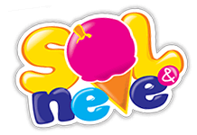 Logomarca sorvetes Sol e Neve, escrita sol e neve com um sorvete ao centro representando a letra o de SOL e a casquinha representando a letra V na palavra neve